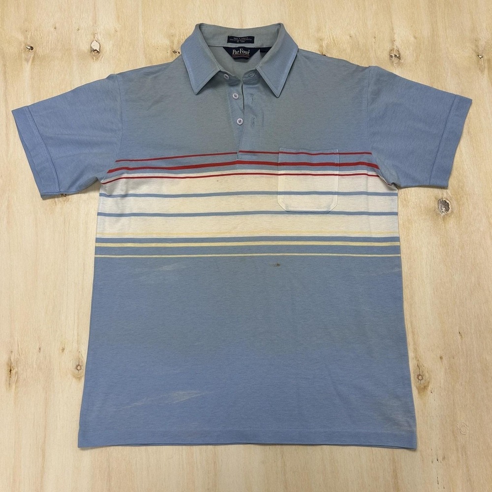 Vintage 80s Par Four Sportswear Polo Shirt Mens Medium Blue Stripe Golf Pocket
